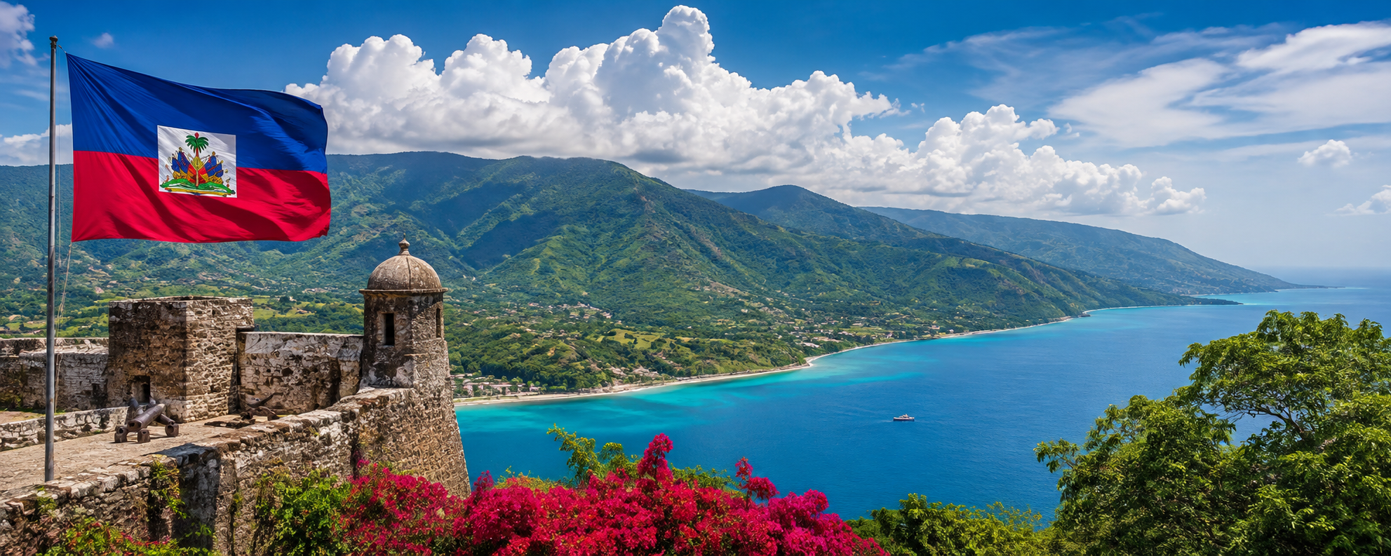 Haitian flag flying over the historic Citadelle fortress with tropical coastline and mountains
